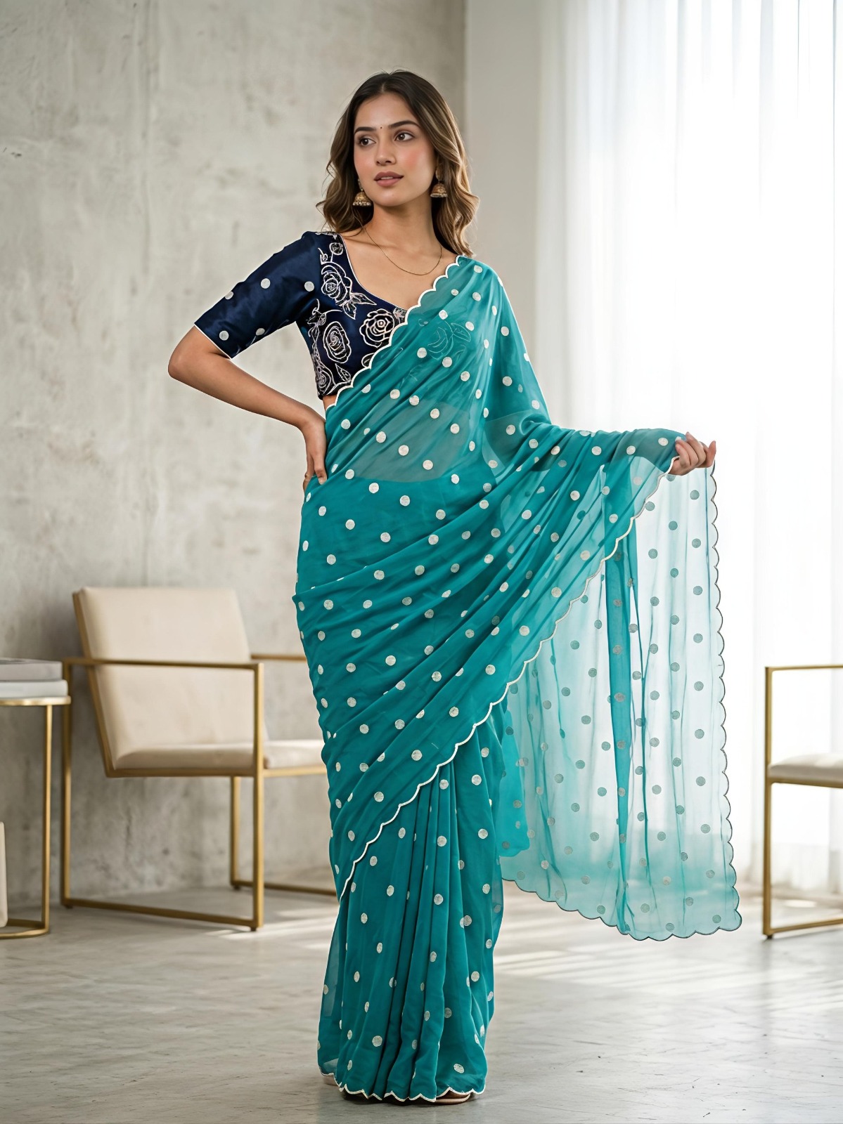 polka style Embroidery work Allover saree