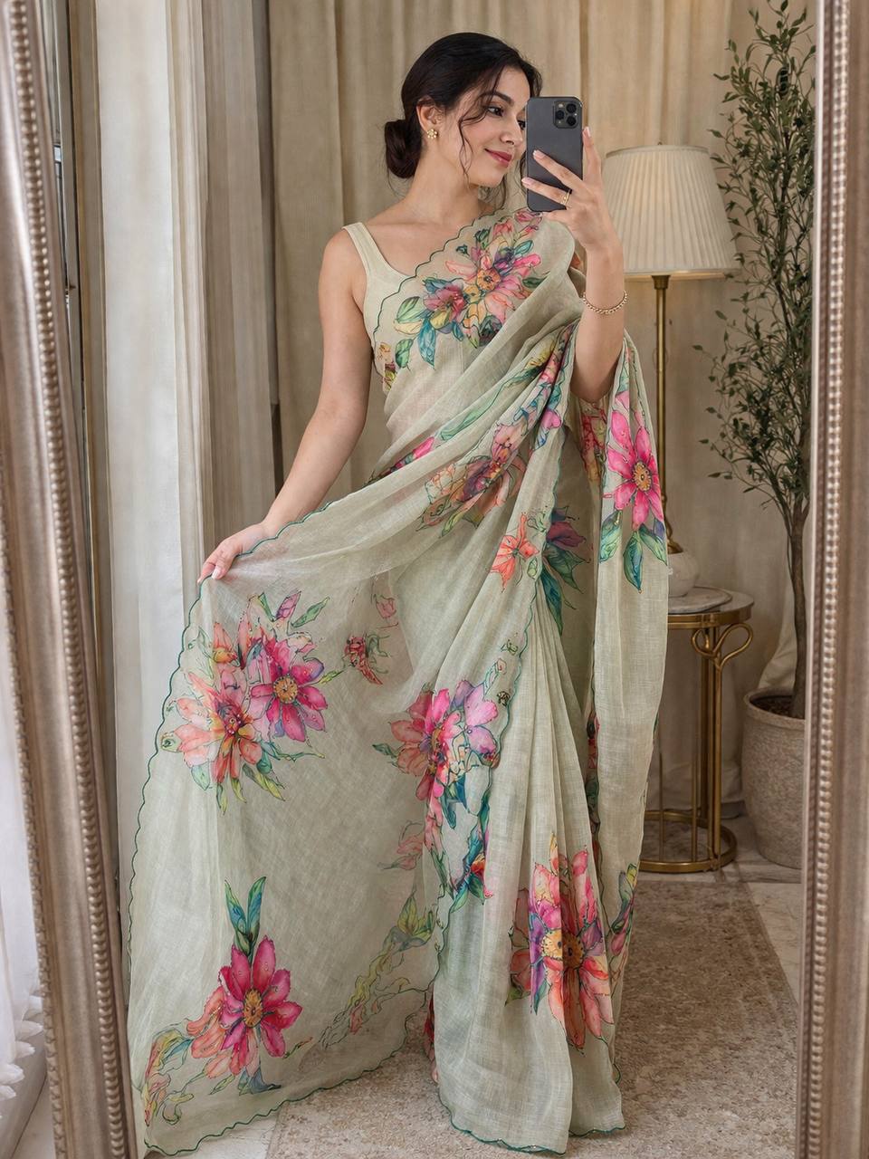 Digital print linen saree